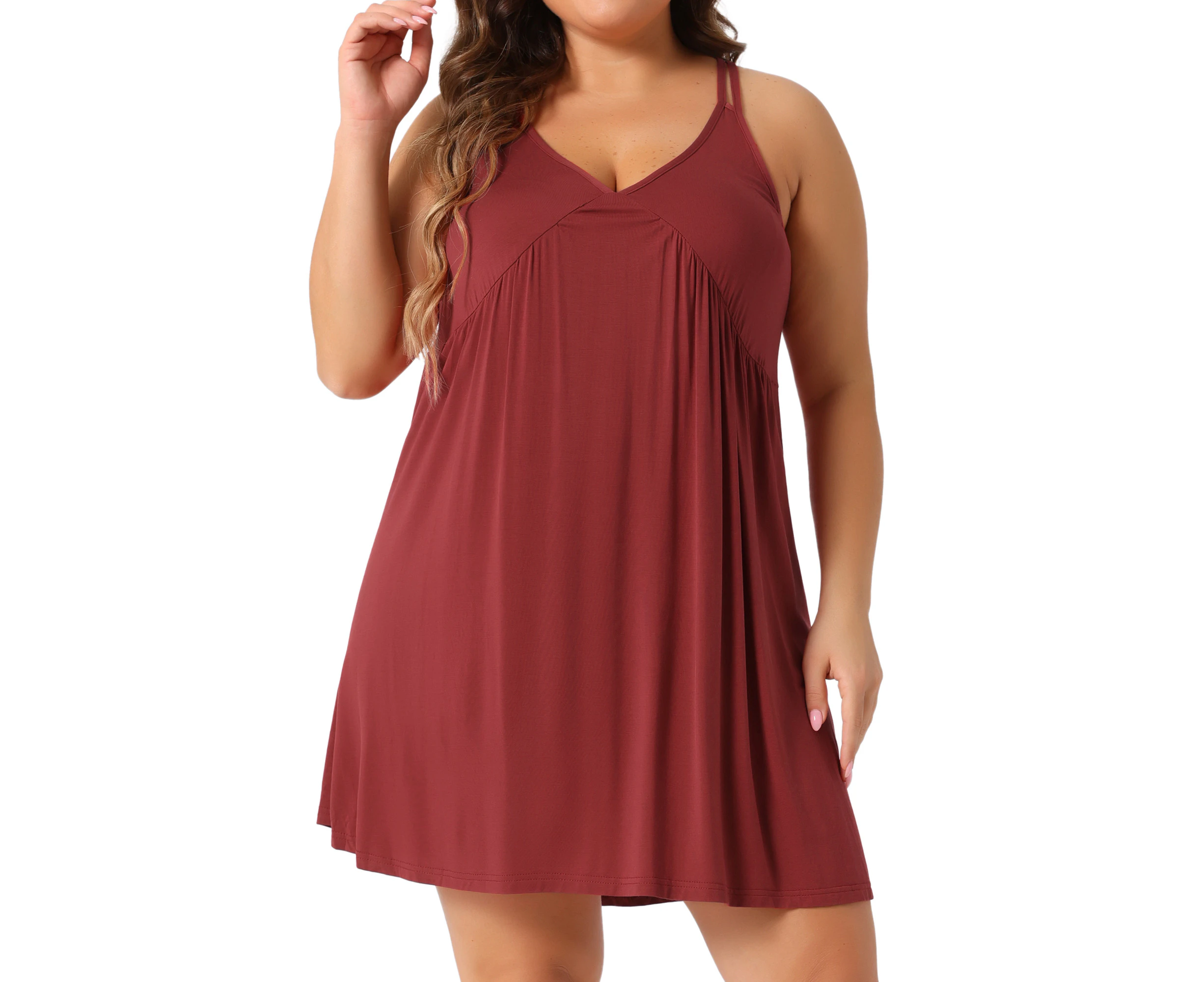 Agnes Orinda Plus Size Spaghetti Strap Racerback Chemise Nightdress Wine Red