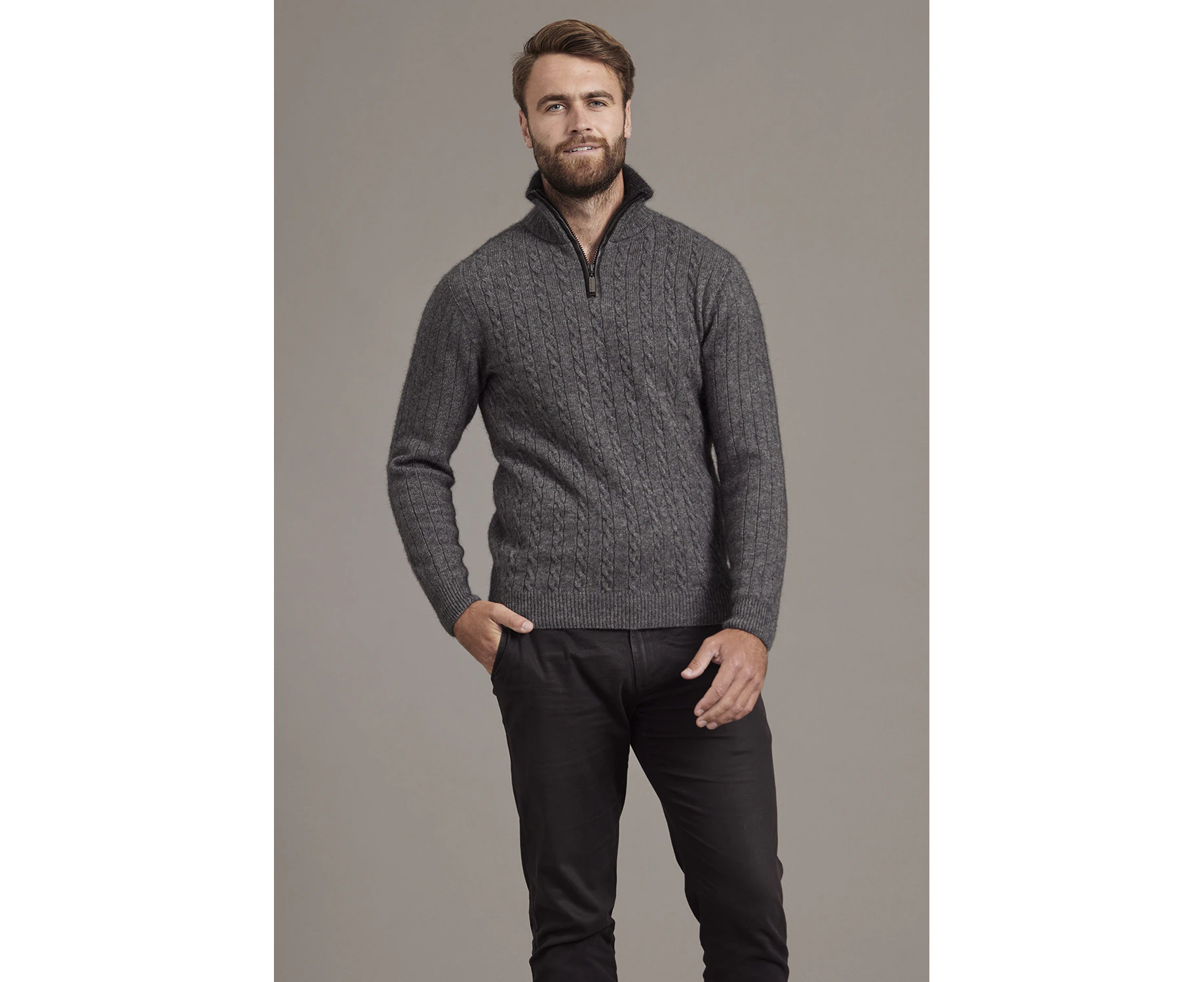 McDonald Mens Cable Jersey with Contrast Trim - Pewter/Charcoal