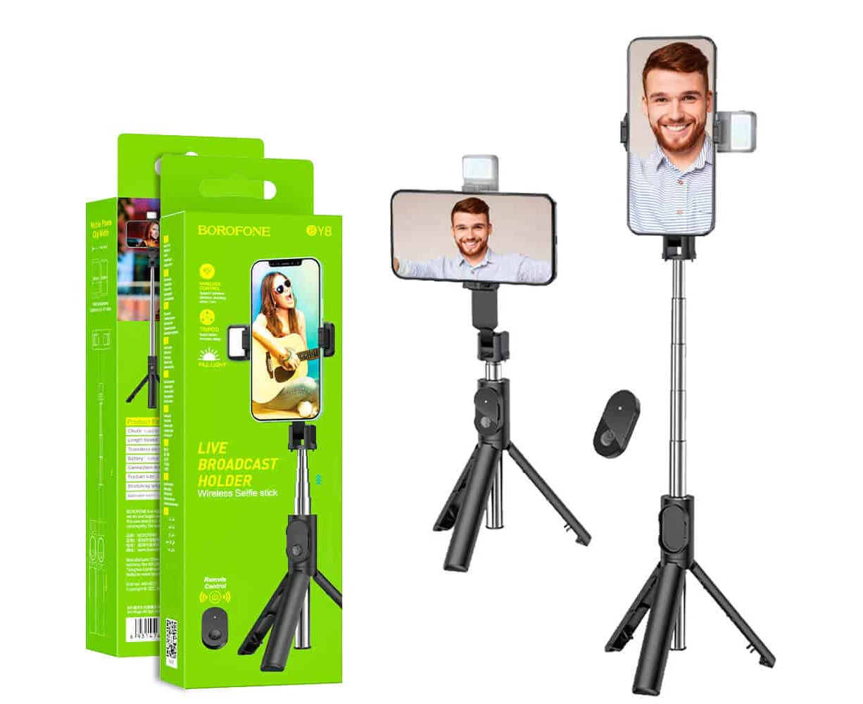 Borofone BY8 Wireless Remote Control Selfie Stick Tripod With Light Desktop Stand Portable Stretchable Mobile Phone Holder For All iPhone & Android