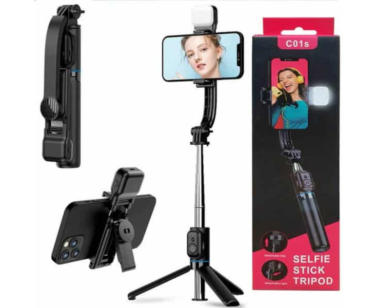 New Selfie Stick Tripod, Detachable Phone Bracket Monopod with Wireless Bluetooth Remote (With Light)