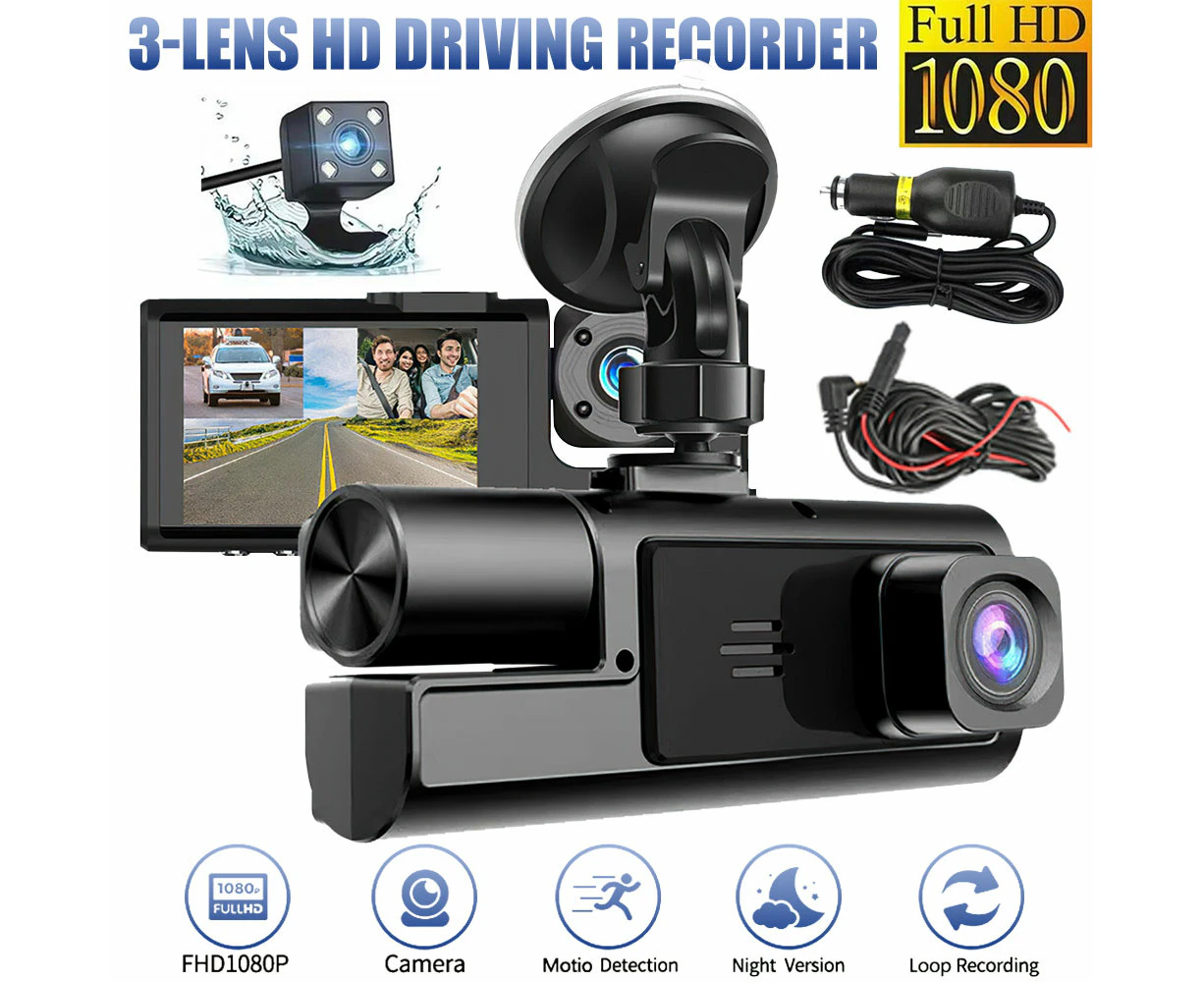 Dash Cam 3Lens Car Video Recorder 1080p Front/Rear/inside Camera 2.0" IPS Screen