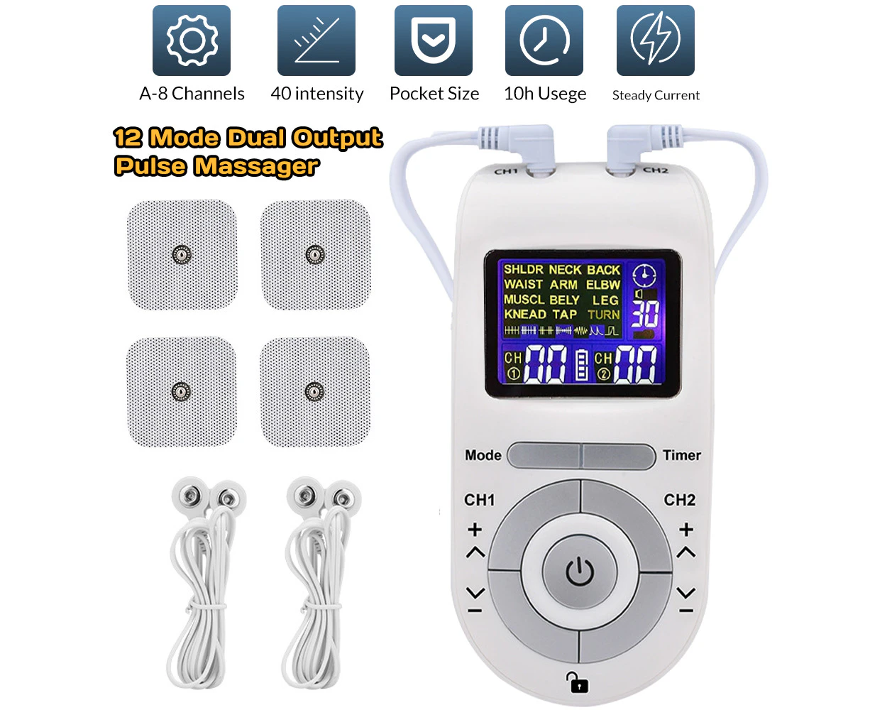 TENS EMS Machine Electronic Pulse Body Massager Muscle Stimulator Pain Relief 12 Modes With 4 Pads