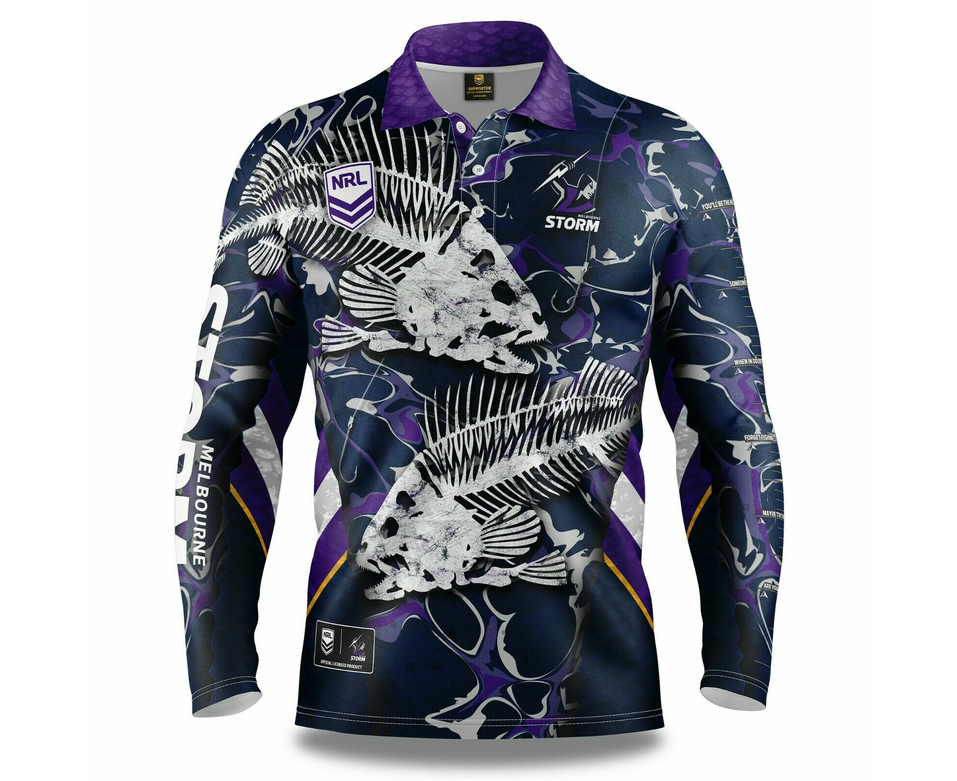 NRL 2021 Long Sleeve Skeletor Fishing Polo Tee Shirt - Melbourne Storm - Adult