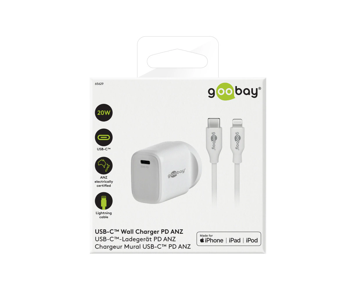 Goobay Wall Charger Plug ANZ 20W USB-C PD w/ Type-C to 8-Pin Cable White