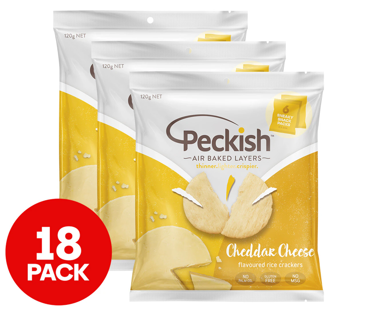 3 x 6pk Peckish Flavoured Rice Crackers Multi Bag Cheddar Cheese