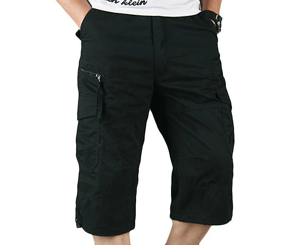 Men 3/4 Cropped Pants Military Cargo Shorts Combat Outdoor Work Bottoms-Black