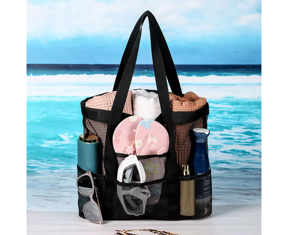 Mesh Beach Bag Swimming Pool Bag With Pockets Travel Tote Handbag For Women