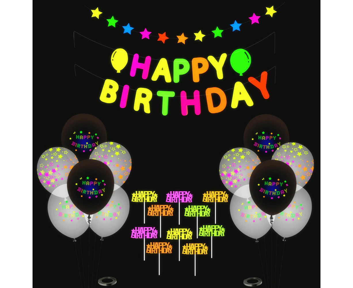 Fluorescent party decoration set including birthday flags, cake cards, and balloons for children's parties