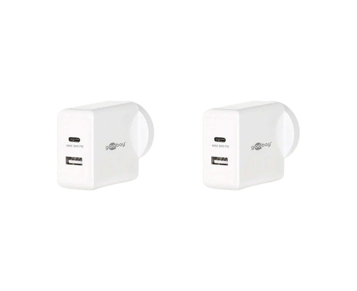 2PK Goobay Wall Charger Adapter ANZ 30W USB-C PD/USB-A For Apple/Samsung White