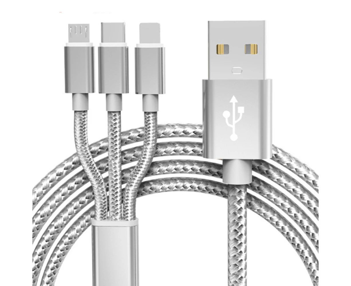 1.5m Fast Charging Cable 3 in 1 Multi USB Charger Cord For iPhone Micro USB TYPE Android-Sliver