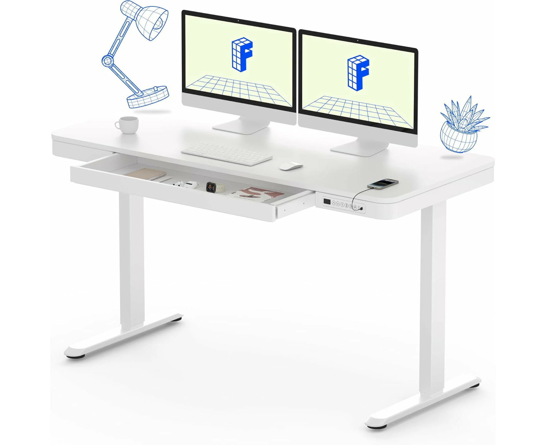 FLEXISPOT Comhar White 120*60cm Electric Standing Desk with Drawer