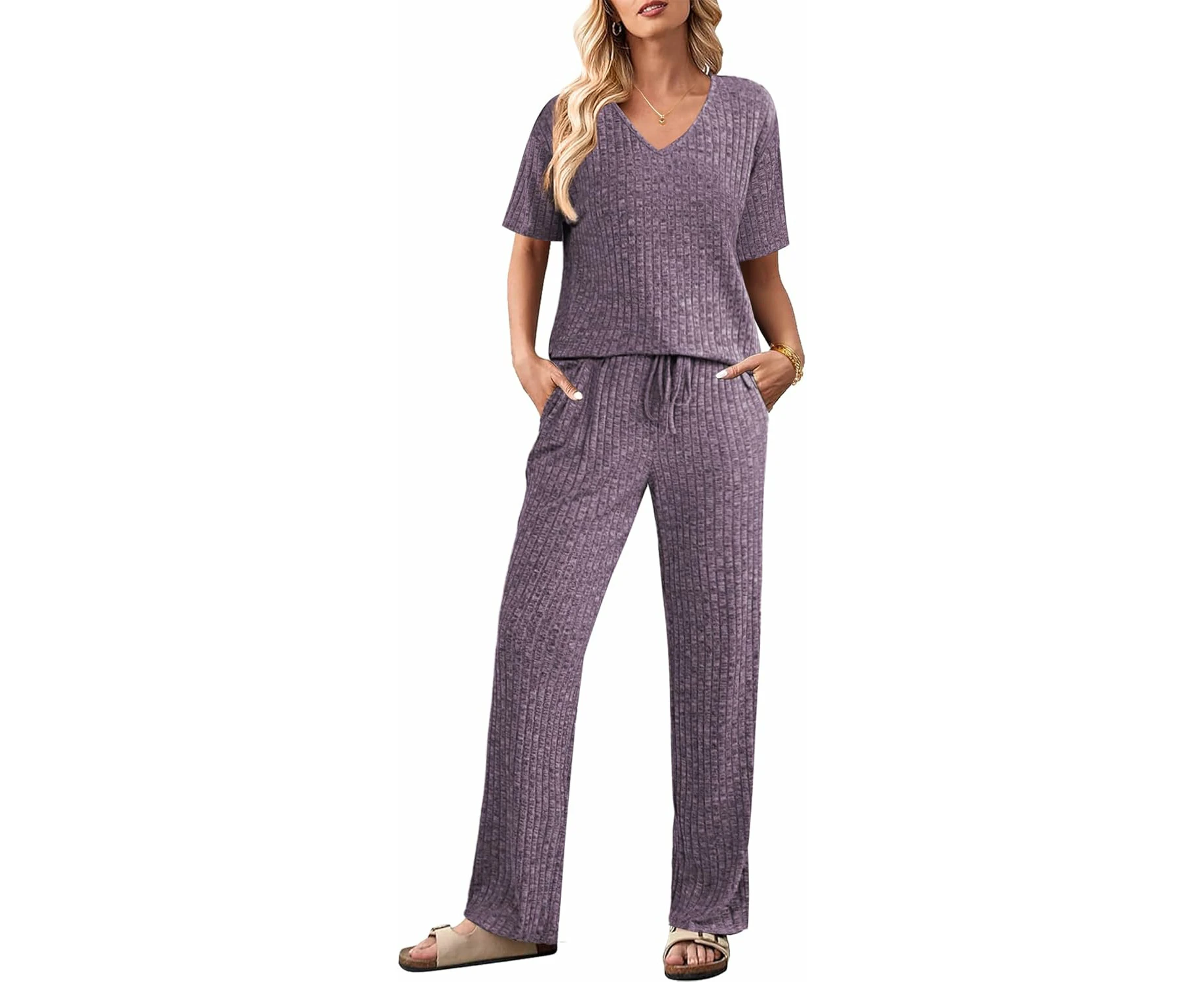 Women Short Sleeve Top and Long Pants Ribbed Knit Pajama Set 2 Piece Sets Outfits