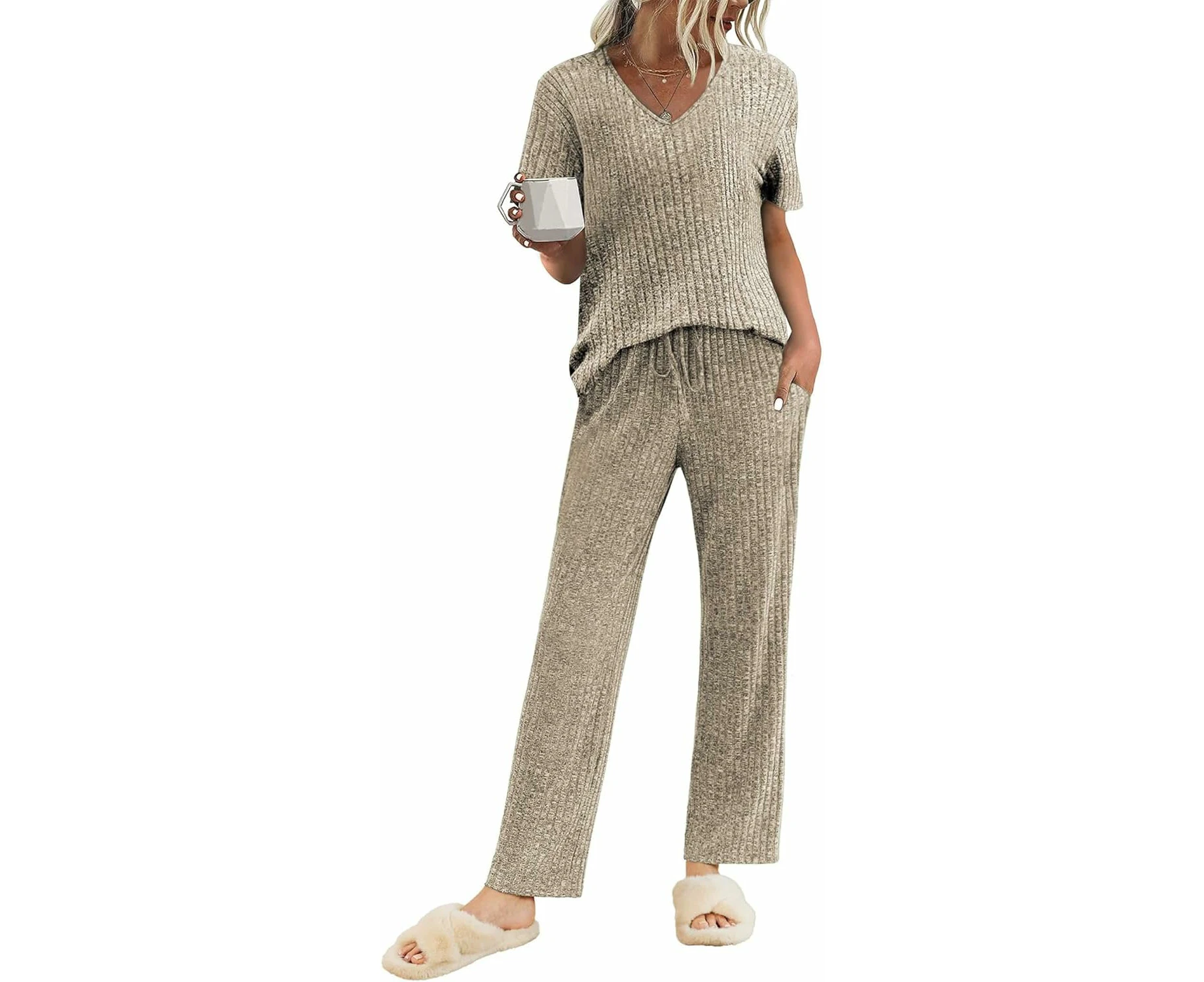 Womens Ribbed Knit Lounge Set Short Sleeve Top and Long Pants Sleepwear Pajama Set Two Piece Matching Outfits Set