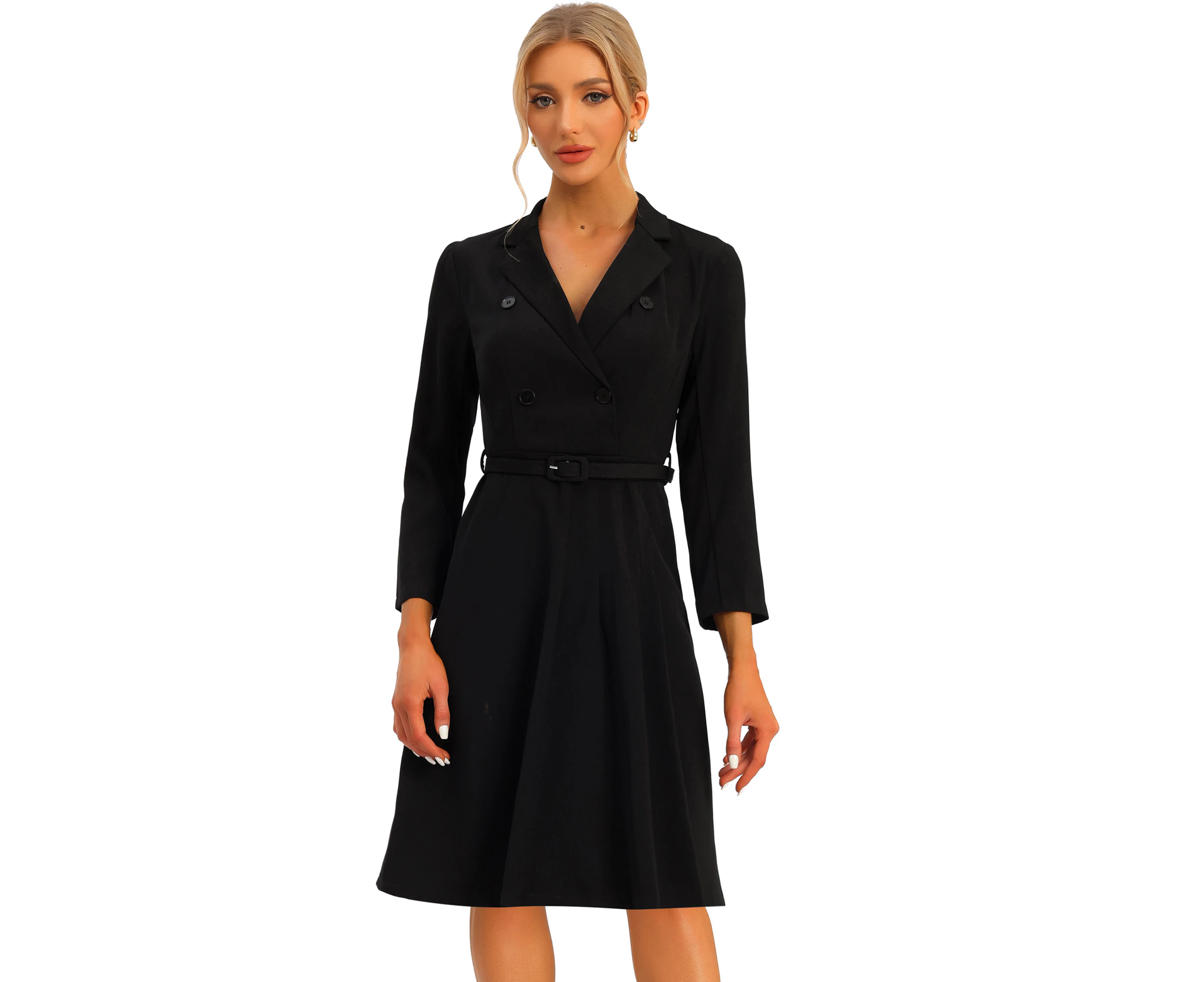 Allegra K Work Elegant Notched Collar Belted Dress Black