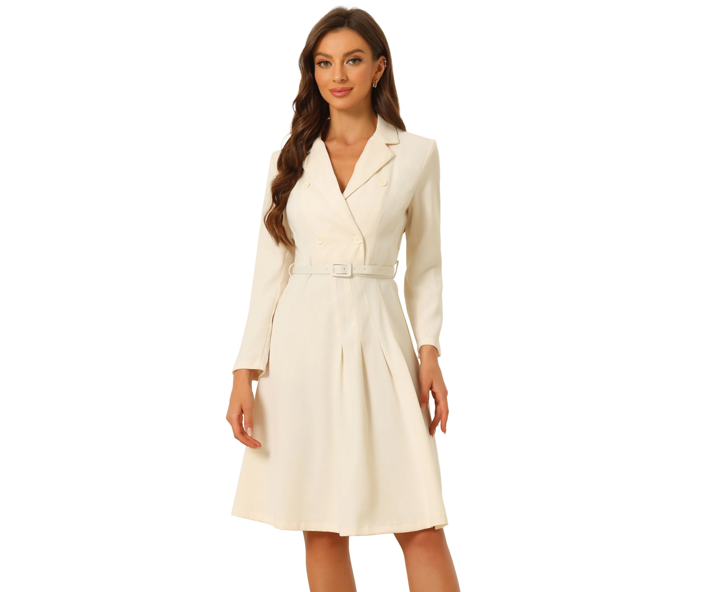 Allegra K Work Elegant Notched Collar Belted Dress Apricot