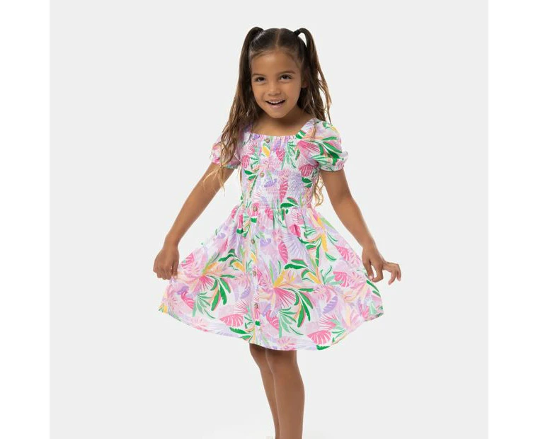 Tropical Puff Sleeve Shirred Dress, Piping Hot