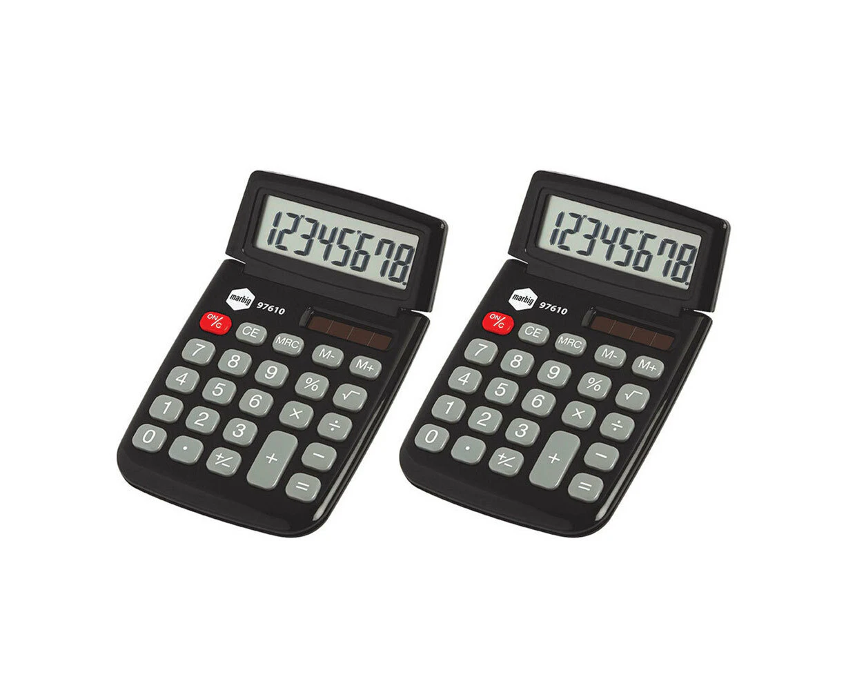 2PK Marbig Dual Solar Powered 8 Digit Pocket Handheld Calculator Office Black