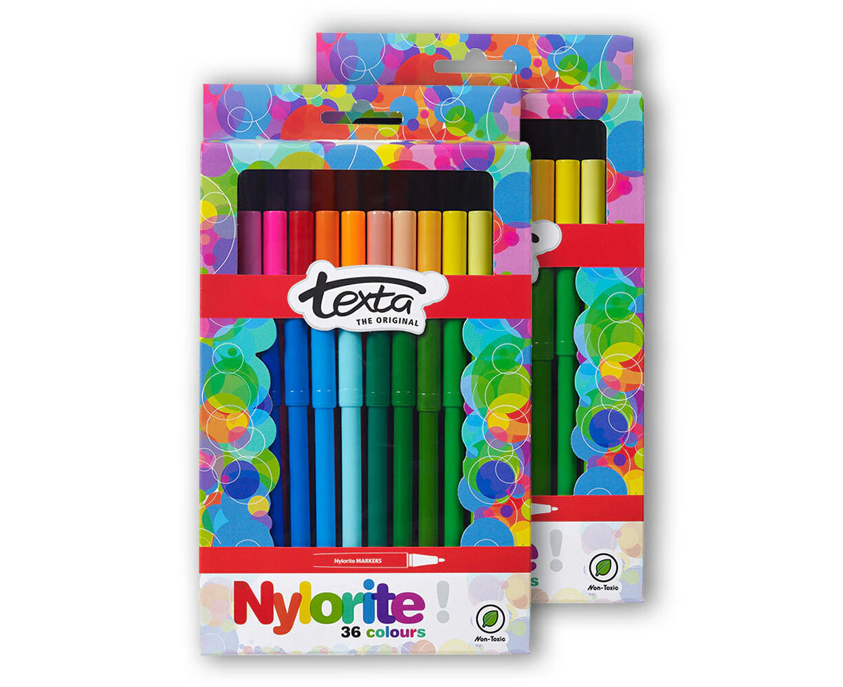 2x 36pc Texta Water-Based Nylorite Assorted Colours Writing/Drawing Pens/Markers