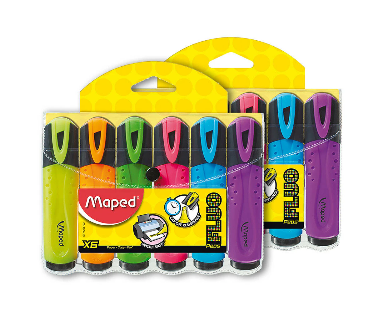 2x 6pc Maped Chisel Highlighter Markers Pen School/Office/Home Assorted Colours