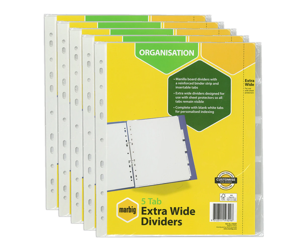 5x Marbig Extra Wide 5-Tab White Manilla A4 Binder Insert Dividers Organiser