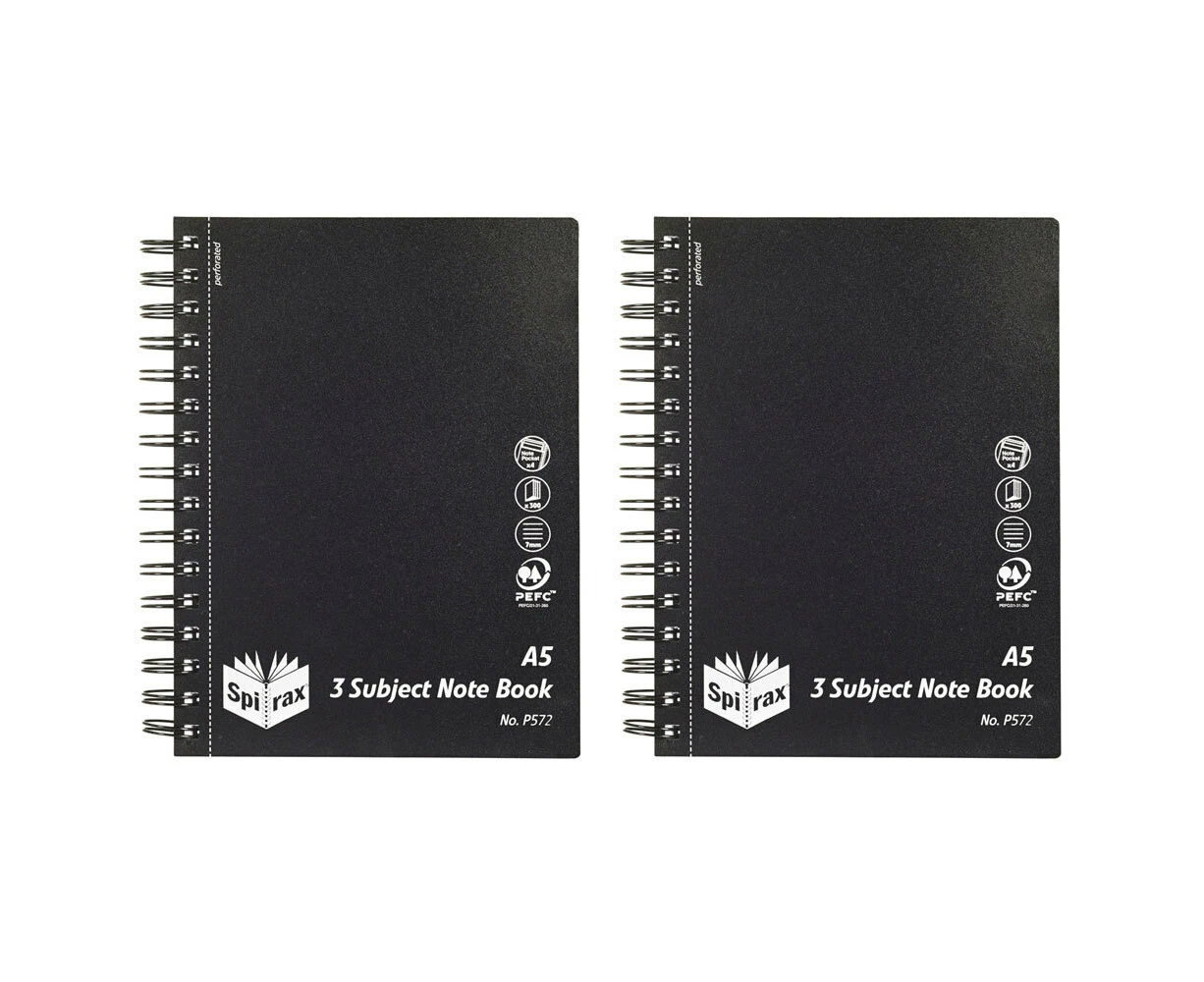 2PK Spirax Black Cover A5 3 Subject 300 Pages Notebook Office/School Stationery