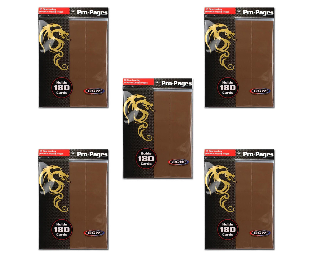 5x 10pc BCW Pro-Pages Side Loading 9-Pocket Double Pages Trading Card Brown