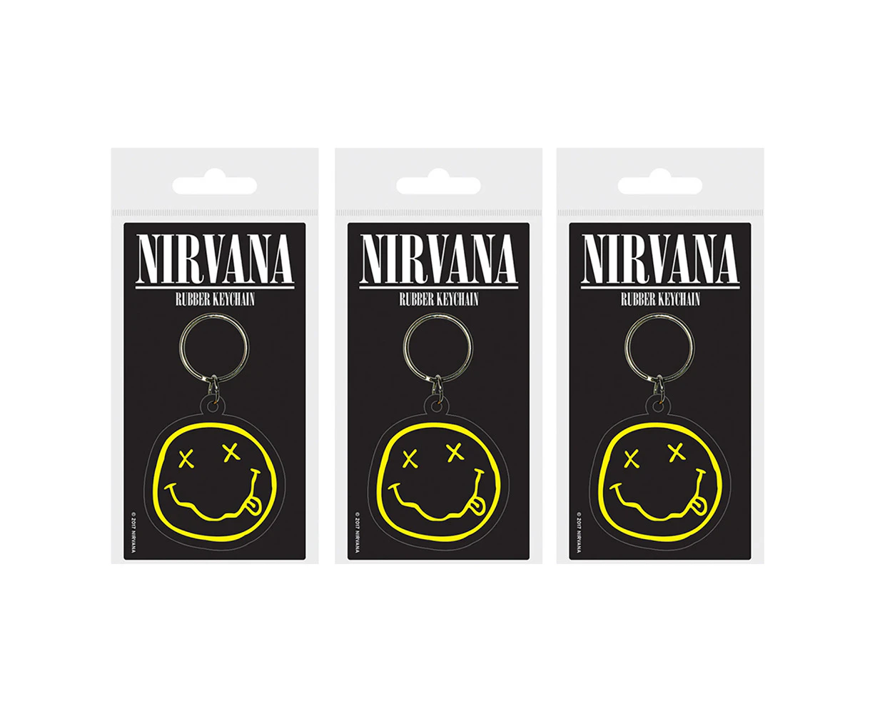 3x Nirvana Smiley Face Logo Themed 90's Rock Music Rubber Keyring/Keychain