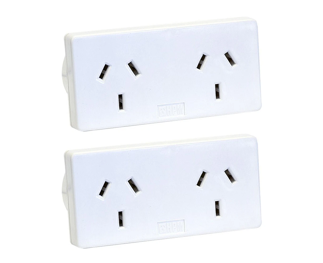 2x HPM Slim Right 10A Mains Power Slimline Twin/Double Powerpoint Adaptor White