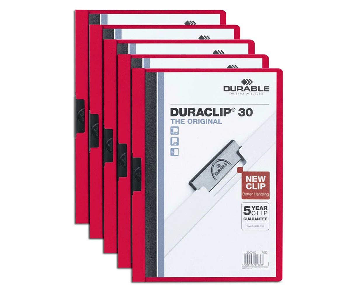 5x Durable Duraclip 30-Sheet A4 Document Folder Stationery Paper Organiser Red