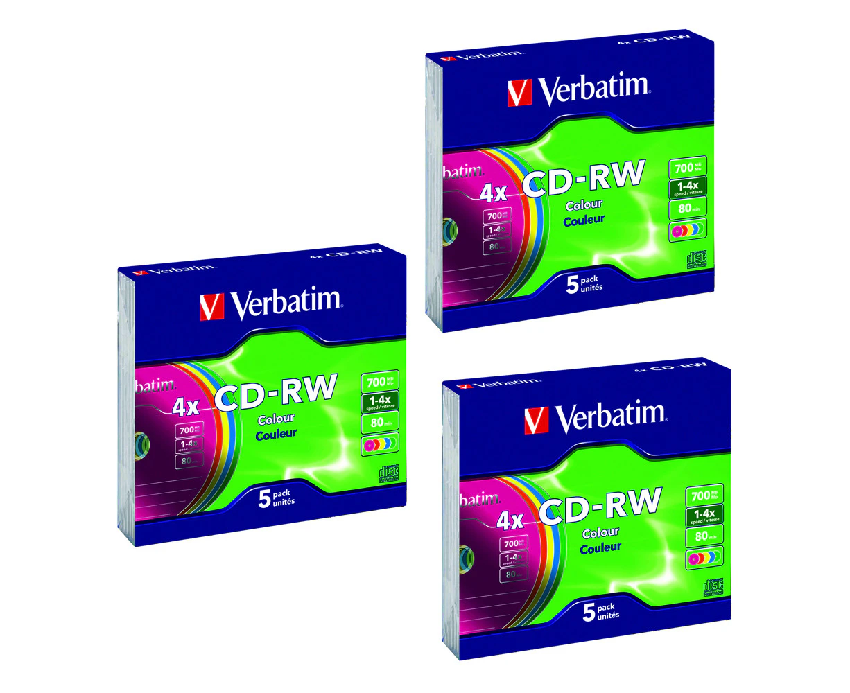 15pc Verbatim CD-RW 700MB 2x-4x Speed Rewritable Blank Disc w/Colour Slim Case