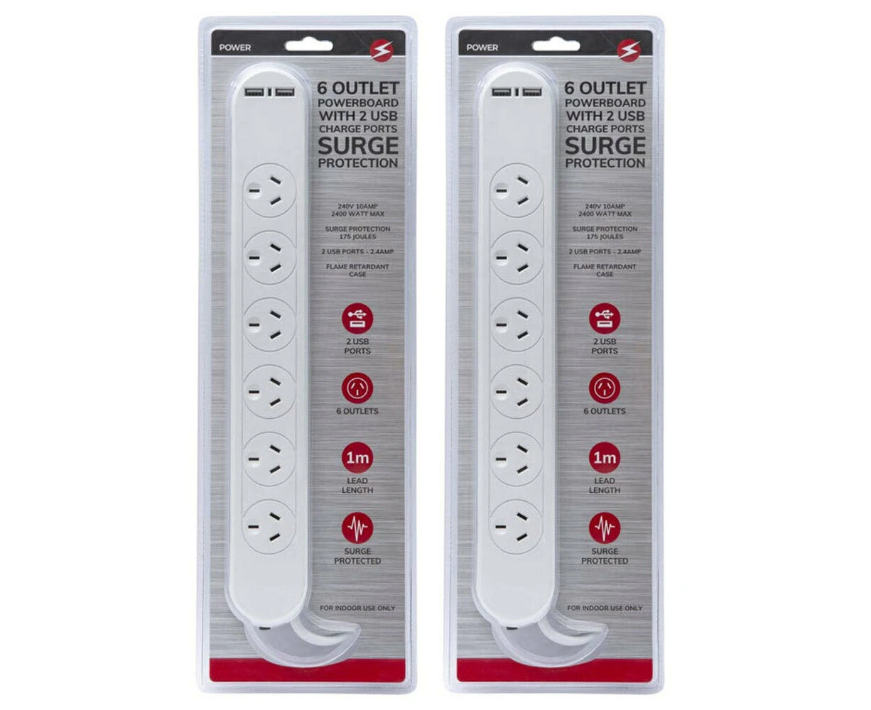 2x Power 6 Outlet Power Strip/2 USB Port Powerboard 1m Lead/Cord w/Surge Protect