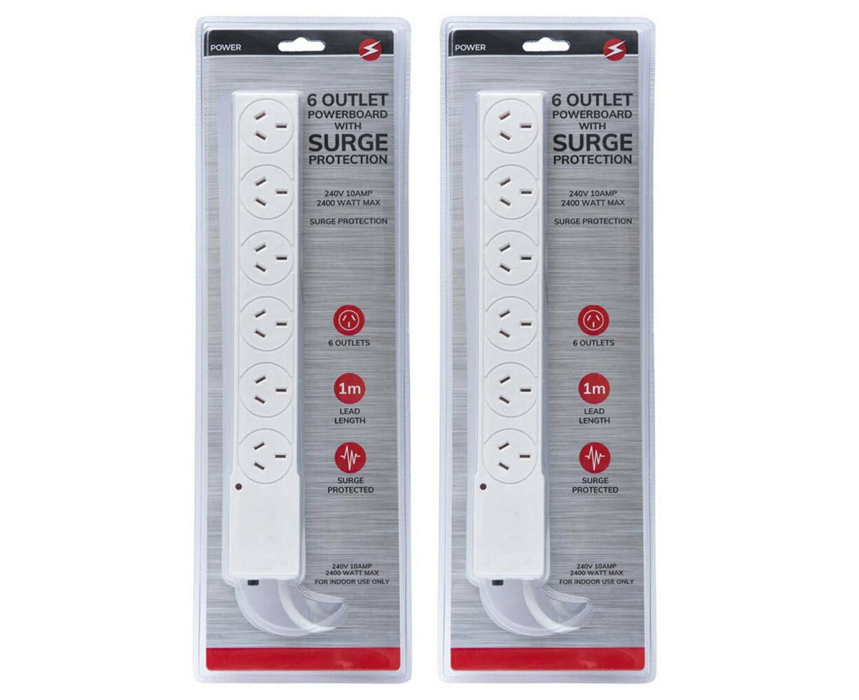 2x Power 6 Outlet Powerboard 1m Lead Extension Strip Socket w/ Surge Protection