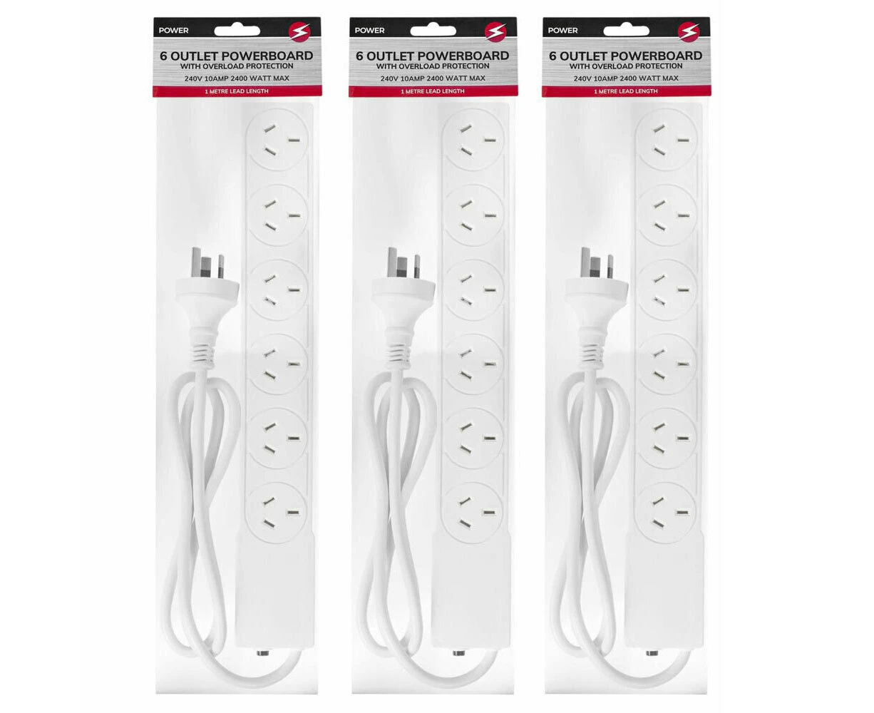 3x Power 6 Outlet Powerboard 1m Lead Extension Power Board Strip Cord/Socket WHT