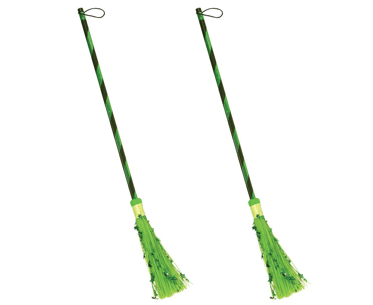 2PK Witch Broom Metallic GRN Scary Halloween Party Costume Broomstick Accessory