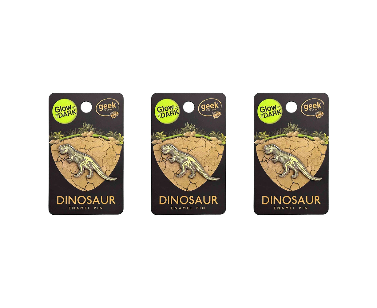 3x Geek Culture Dino Skeleton Glow Enamel Pin Button Badge/Brooch Tyrannosaurus