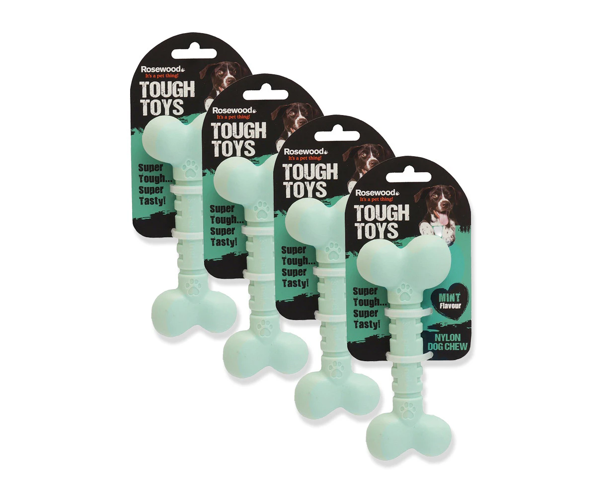 4x Rosewood Tough Guys Nylon 12.5cm Flavoured Mint Bone Dental Chew Toy S Green