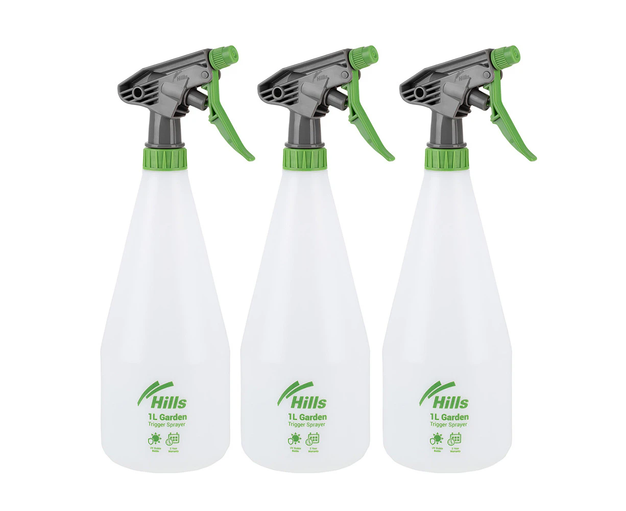 3x Hills Garden Trigger Handle Water/Liquid Misting Plant Spray Bottle Set 1L