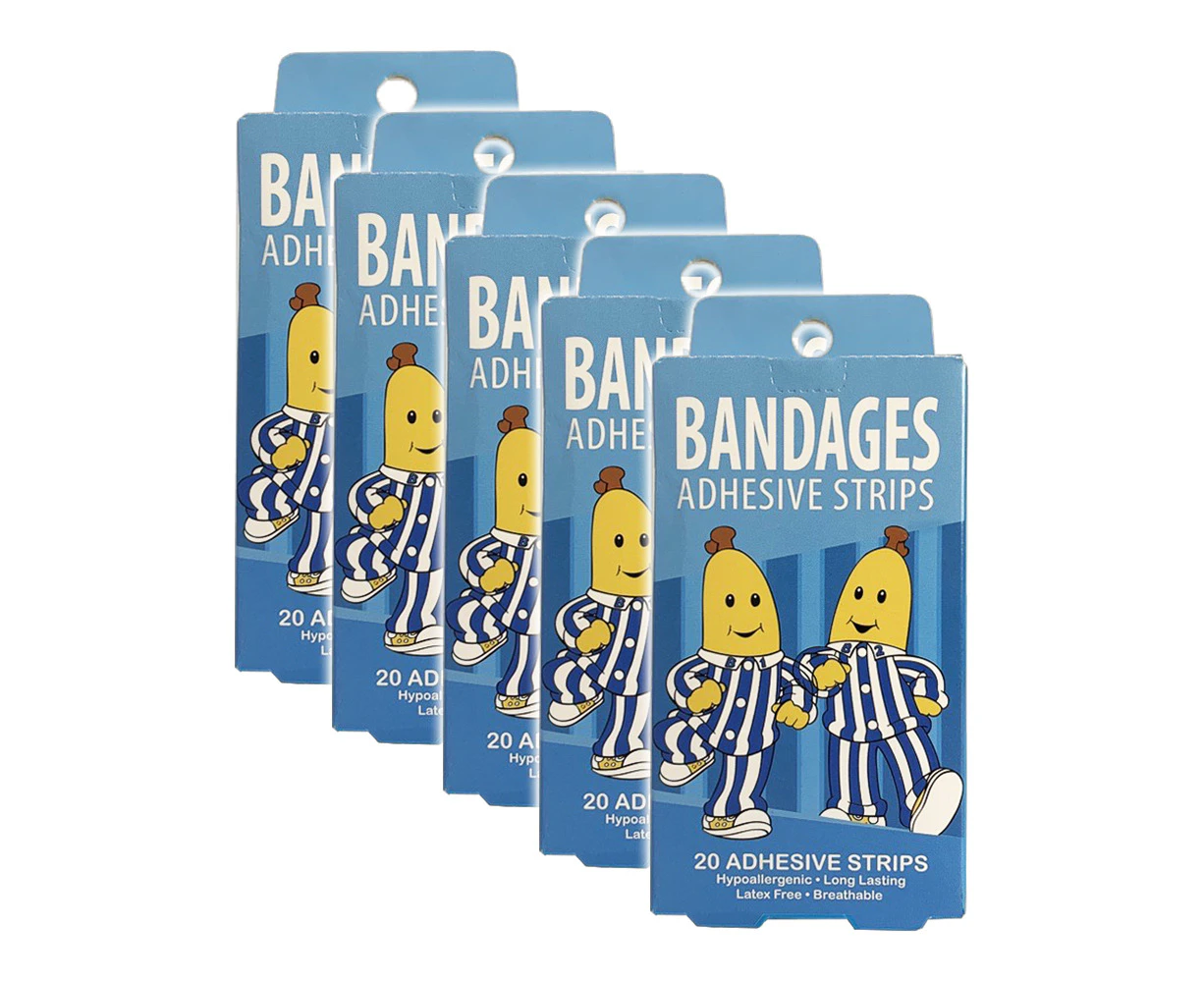 5x 20pc ABC Kids Bandages Bananas In Pyjamas Breathable Adhesive Strips Kids 6y+