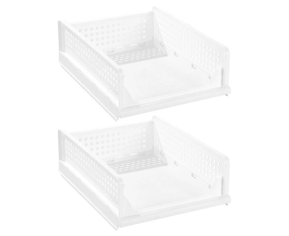 2x Boxsweden Foldaway 42.5x14cm Stackable Storage Basket/Organiser Medium White