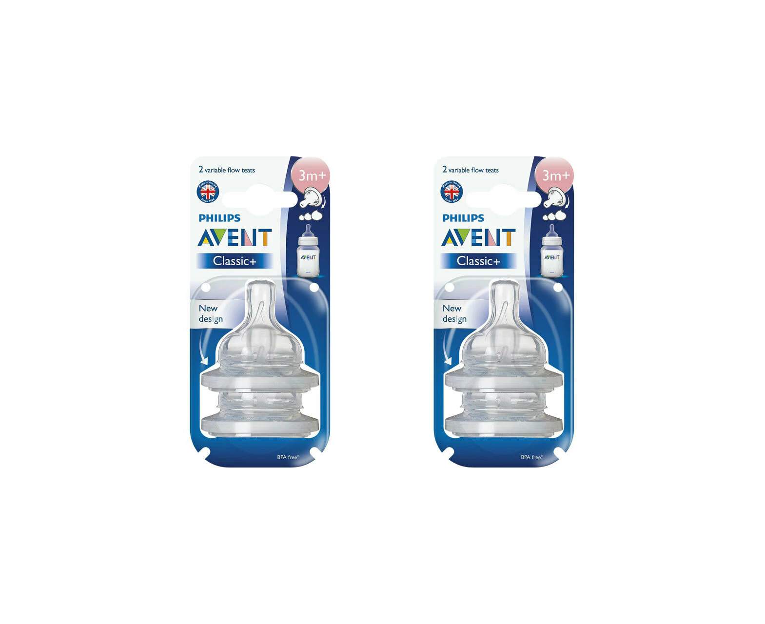 2x 2pc Philips Avent Classic+ Variable Flow Teat/Baby Bottle Nipple Clear 3m+