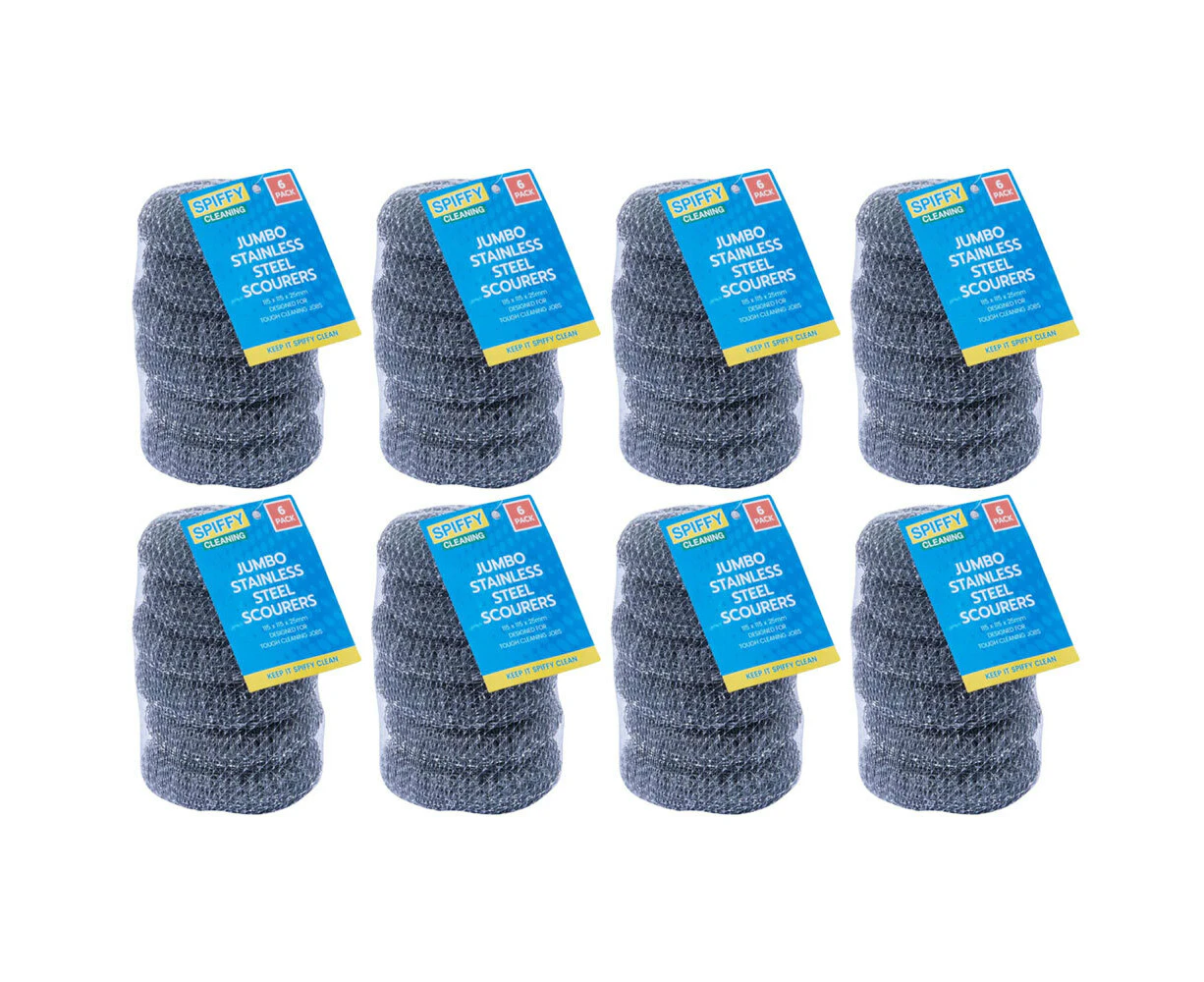 8x 6PK Spiffy 11cm Jumbo Heavy Duty Stainless Steel Dishwashing Scourers Scrub