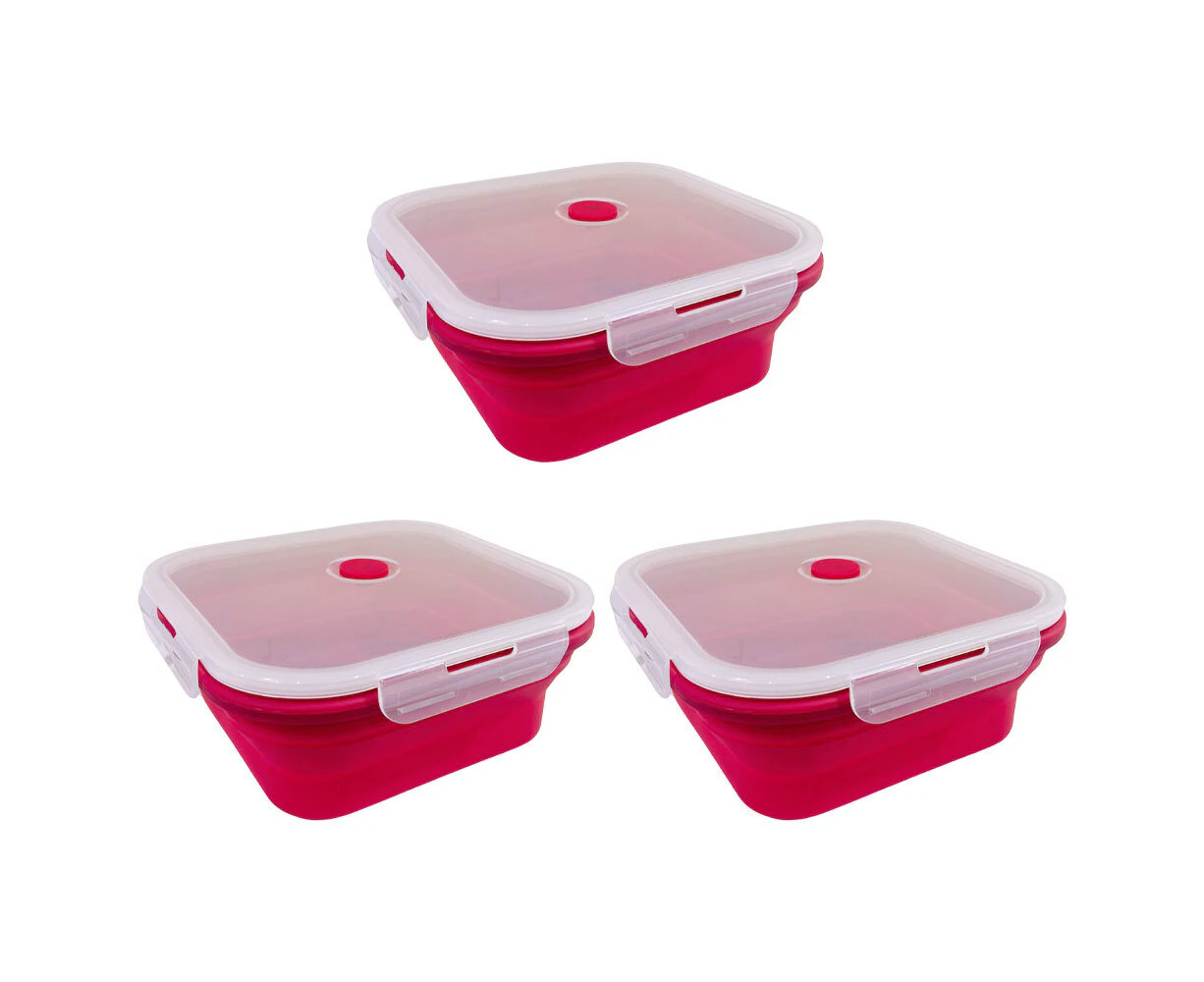 3x Kuvings Silicone 20.5cm Square Foldable Lunch Box Food Storage Container Red