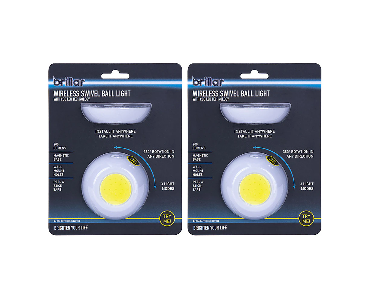 2x Brillar Wireless Battery Operated Magnetic Ball w/Cob LED Light WHT