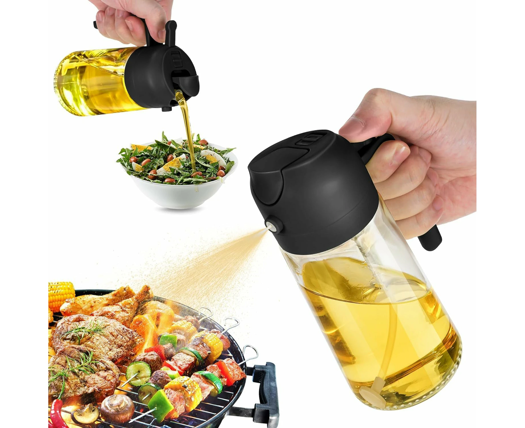 16oz Oil Dispenser Bottle for Kitchen - 2 in 1 Olive Oil Dispenser and Oil Sprayer - 470ml Olive Oil Bottle-black