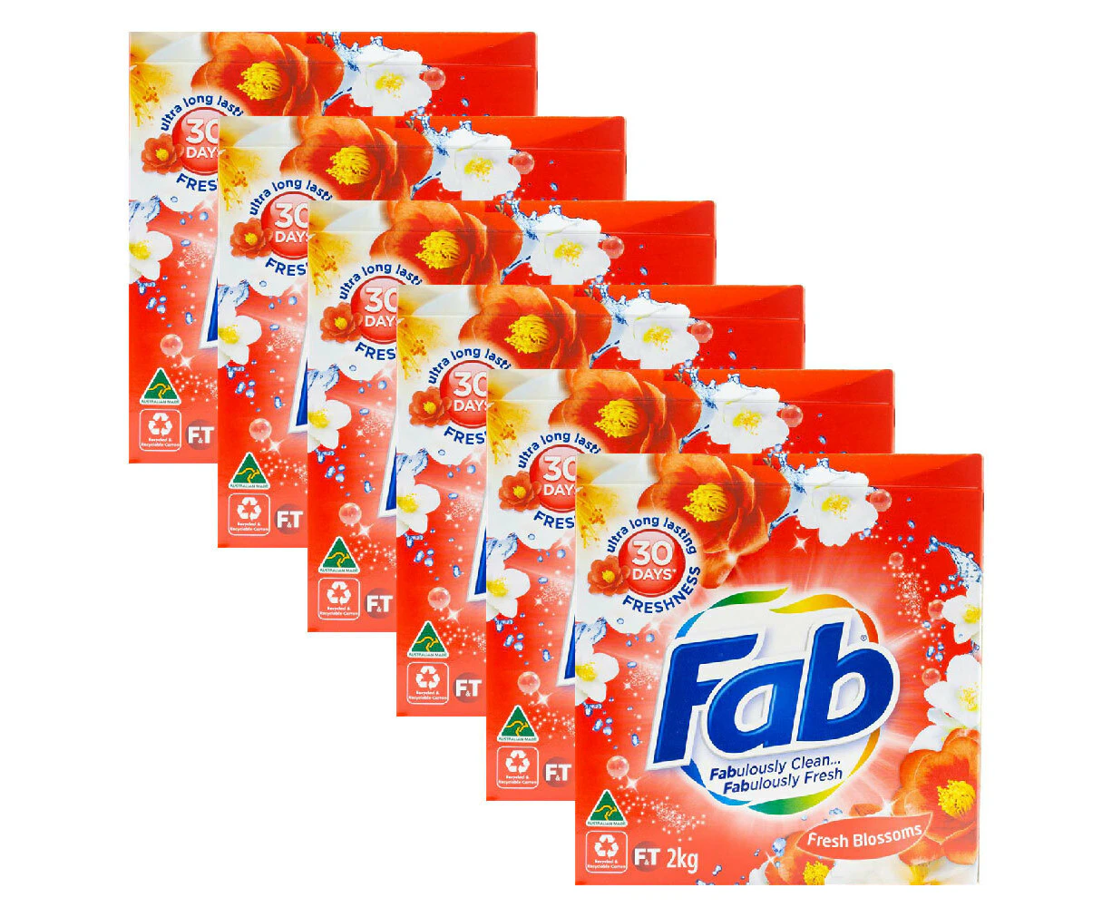 6x Fab Laundry Powder Front & Top Loader Fresh Blossoms Cleans & Brightens 2kg