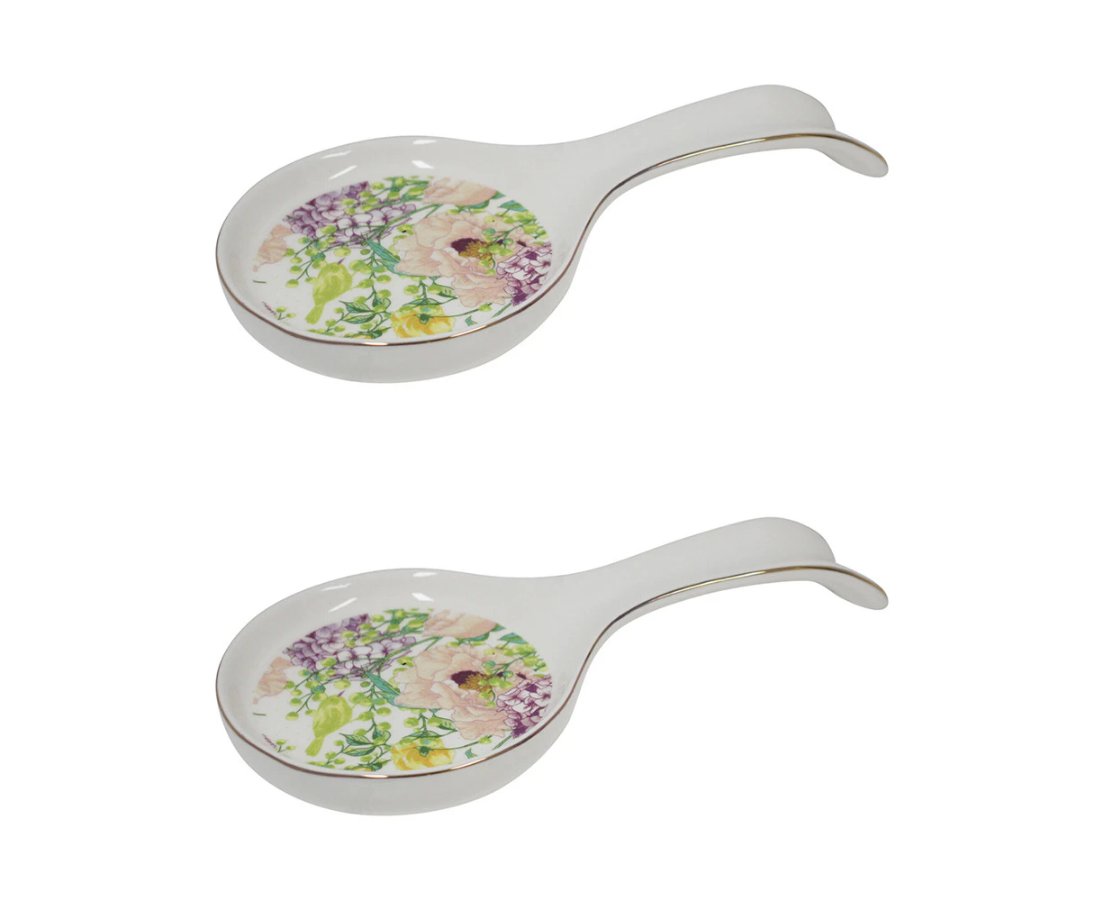 2x Porcelain 23cm Spoon Rest Utensil Holder Kitchen Cooking Spring Floral White