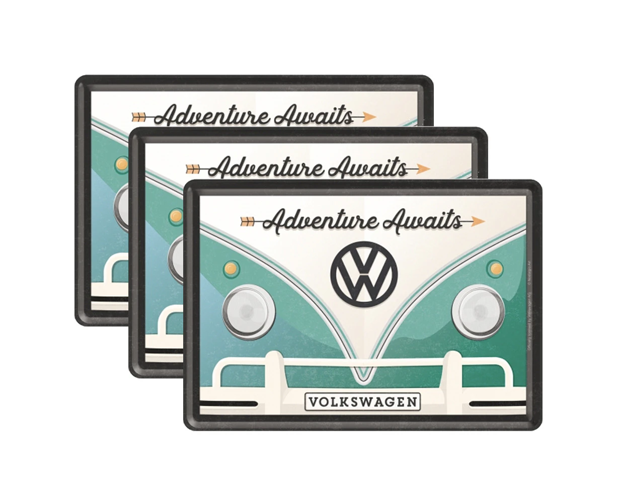 3PK Nostalgic Art Metal/Paper Postcard VW Bulli Adventure Awaits w/Envelope 14cm