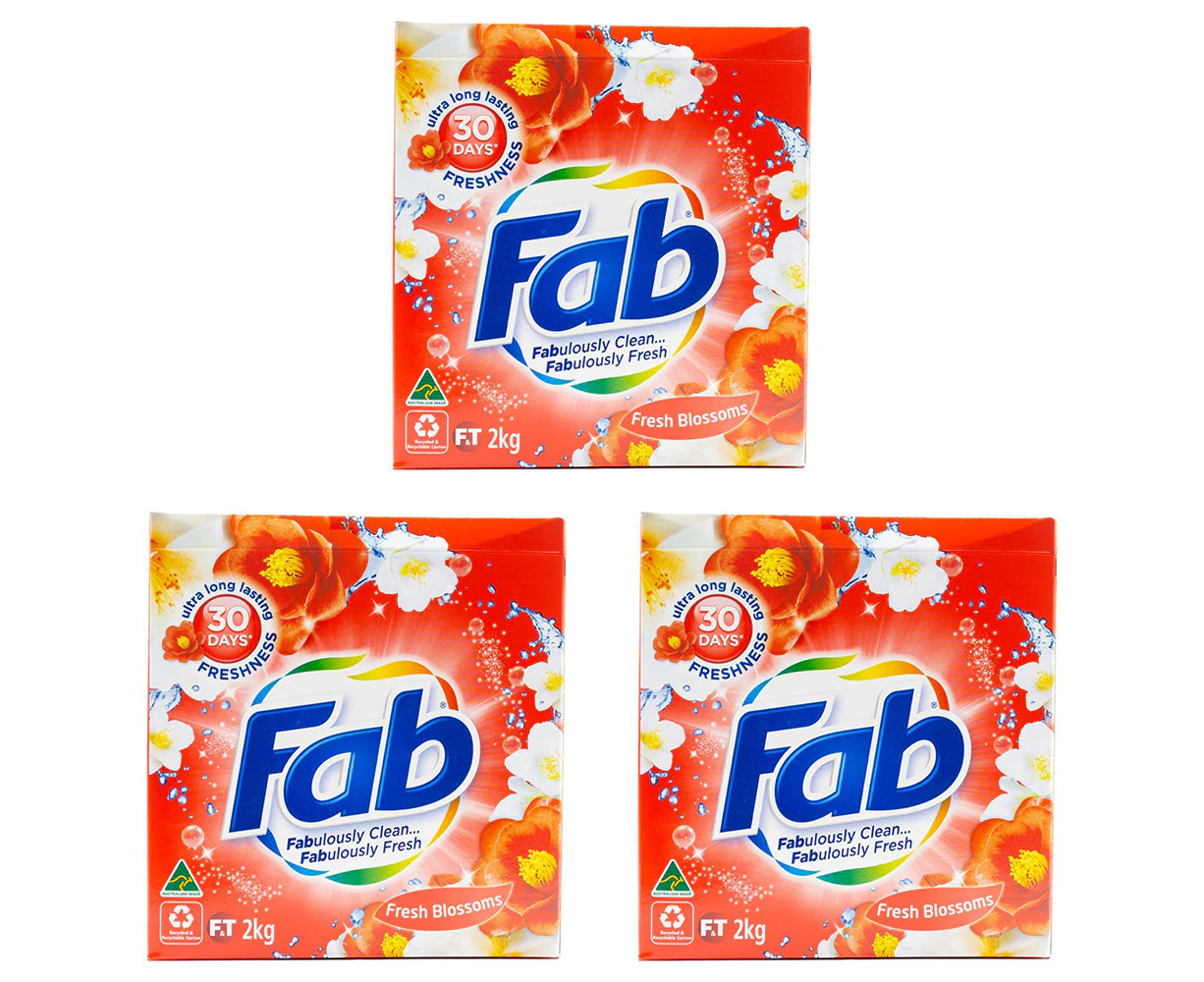 3x Fab Laundry Powder Front & Top Loader Fresh Blossoms Cleans & Brightens 2kg