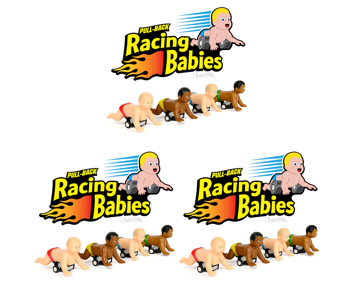 3PK Archie McPhee 5.7cm Pull Back Racing Babies Vinyl Plastic Race Toy Asst. 3y+