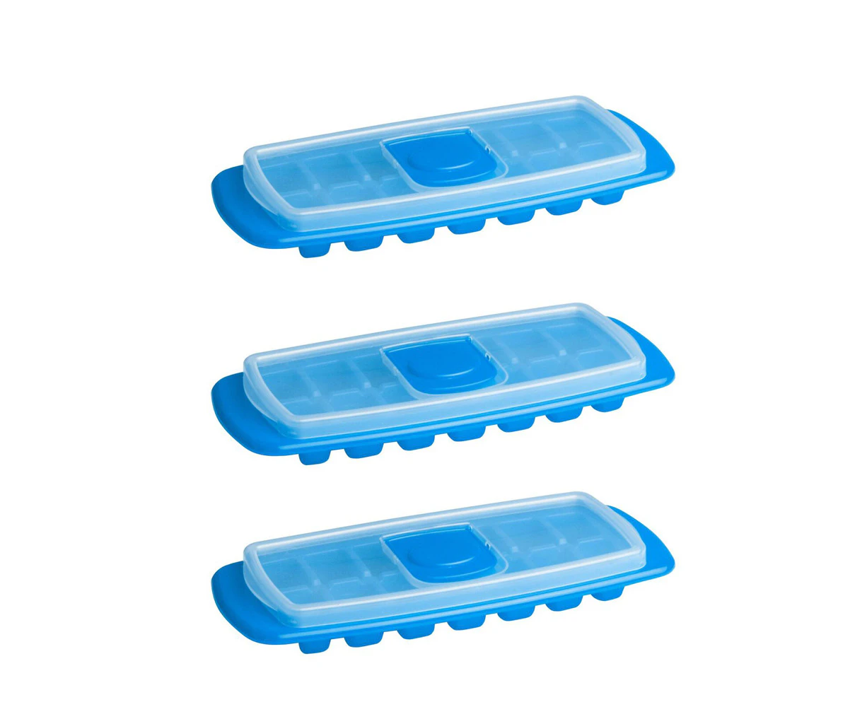 3x Cuisena 30cm Airtight Stackable Ice Cube Tray Maker Freezer Mould w/ Lid Blue